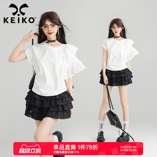 小众设计棉质圆领短袖 上衣 拼接白色t恤女25夏季 KEIKO不对称荷叶袖