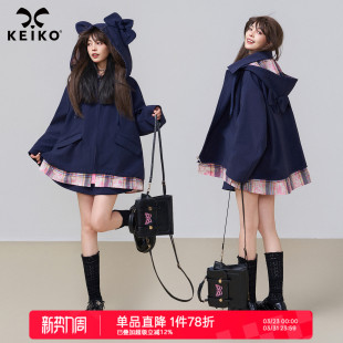 可卸连帽藏青色外套女26春季 防水 韩系格纹拼接风衣 高密 KEIKO