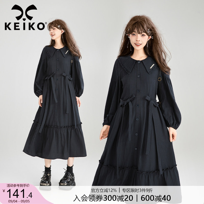 KEIKO法风蝴蝶结显瘦连衣裙套装图片