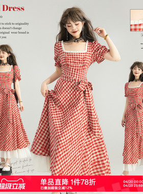KEIKO 明媚又热烈红色格子拼接连衣裙夏季法式方领系带=A字长裙