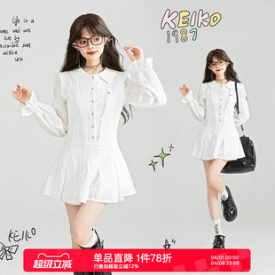 KEIKO 蕾丝花边白色连衣裙26春季 新款 通勤收腰A字短裙 镂空勾花