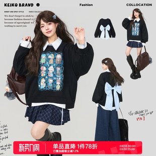 KEIKO 涂鸦印花宽松圆领上衣 少女风蝴蝶结扎花黑色加绒卫衣女新款