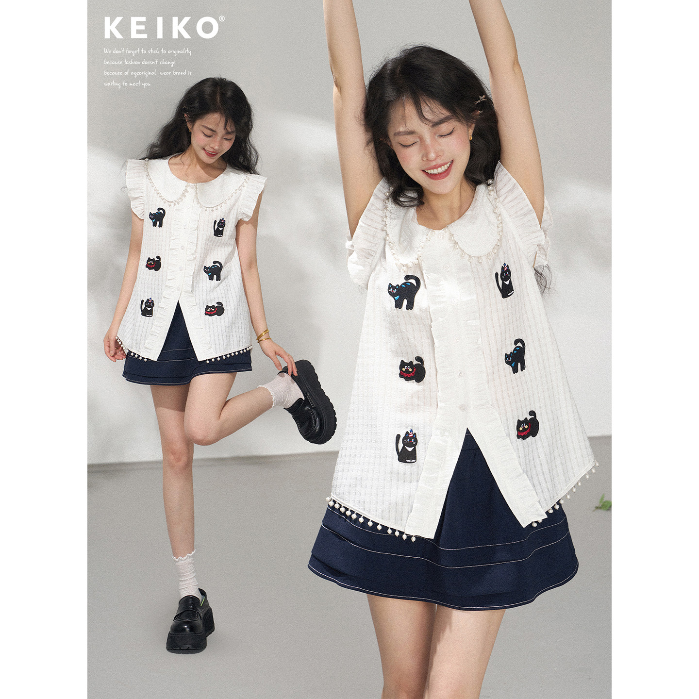 KEIKO 奇趣小猫贴绣小飞袖白色衬衫女夏季气质串珠娃娃领短袖小衫