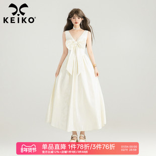 KEIKO 法式典雅蝴蝶结白色无袖连衣裙新款立体感提花收腰吊带长裙