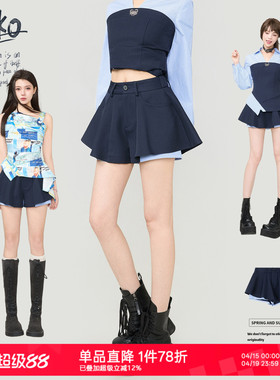 KEIKO 学院风蓝色拼接撞色短裤裤裙26夏季A字显瘦半身裙百褶短裙
