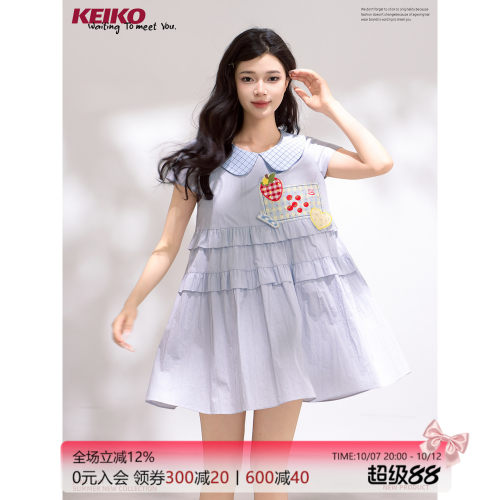 KEIKO 邻家少女格纹娃娃领连衣裙夏季甜系浆果草莓A字娃娃短裙子