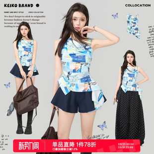 斜肩小众设计感无袖 印花不规则飘带上衣女2026夏季 衬衣 法式 KEIKO