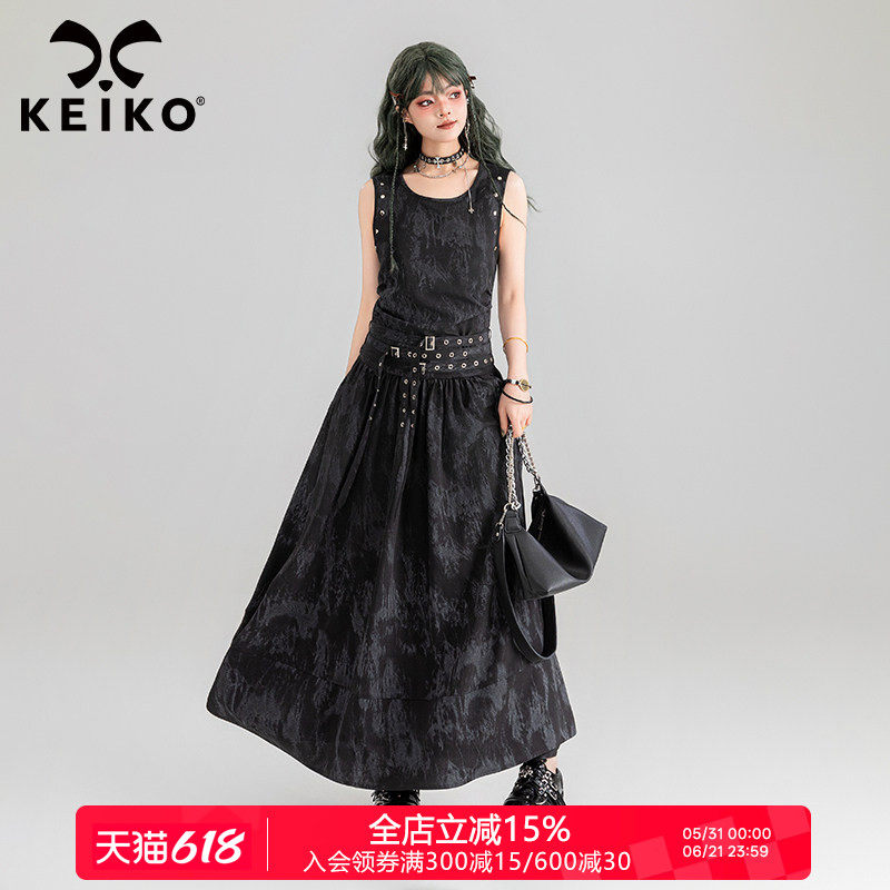 KEIKO酷飒新中式扎染黑色连衣裙夏季铆钉饰系带显瘦大U领背心长裙