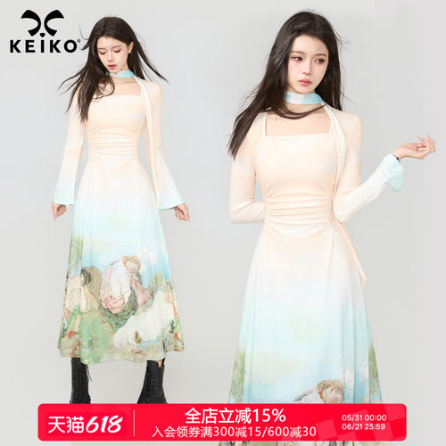 KEIKO法式复古油画风收腰连衣裙