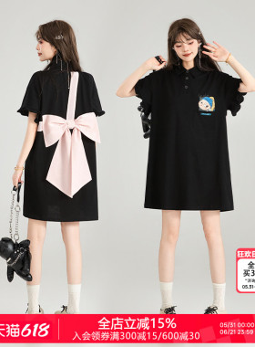 KEIKO 蝴蝶结girl 甜系黑色polo领连衣裙夏季少女感减龄t恤裙