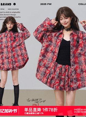 KEIKO 复古回潮红色格子印染长袖衬衫女春季韩系宽松纯棉休闲上衣