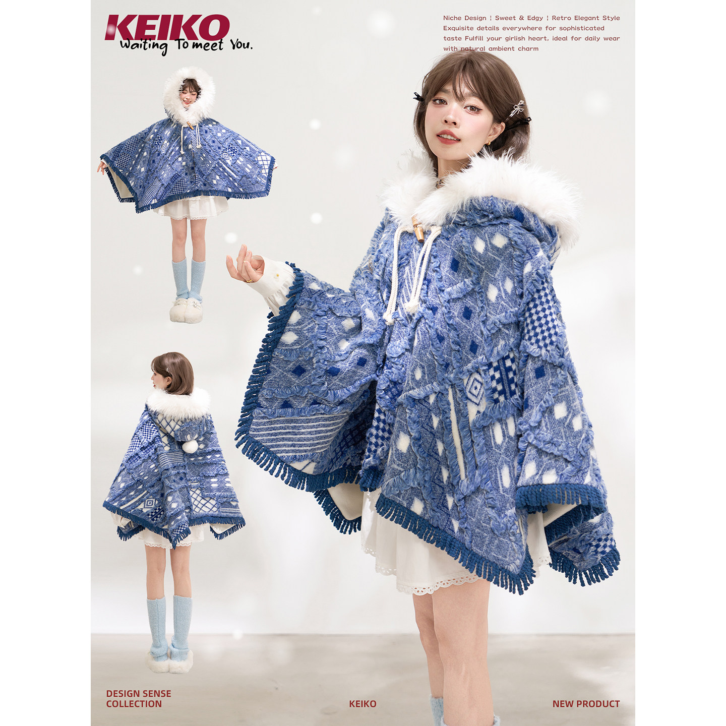 KEIKO[内里抓绒]大毛领斗篷外套