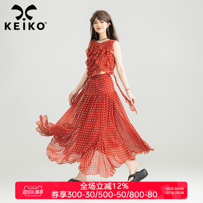 KEIKO法式褶花雪纺上衣女夏日穿搭套装波点无袖衬衫+半身裙两件套