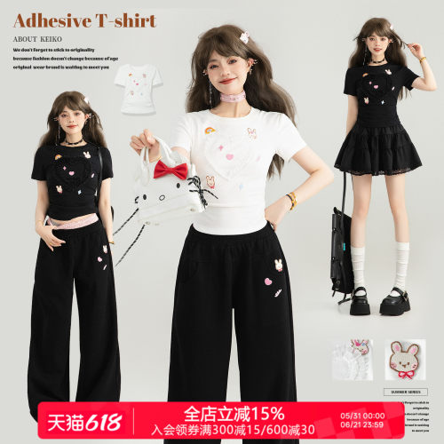 KEIKO少女甜心风绣标正肩短袖