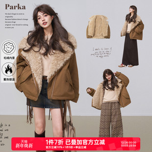 翻领派克服棉服女冬季 短款 巴恩风加厚皮草外套 蓄热羊羔绒 KEIKO