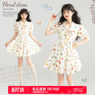 系带领显瘦泡泡袖 法式 伞裙短裙 彩绘蝴蝶小碎花连衣裙26夏季 KEIKO