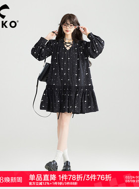 KEIKO 小碎花系带V领黑色连衣裙26春季气质打揽显瘦泡泡袖A字裙