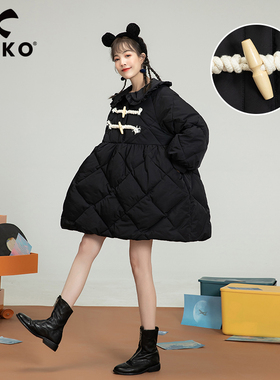 甜酷菱格绗缝娃娃领棉服女2022冬季新款斗篷型显瘦黑色棉袄外套厚
