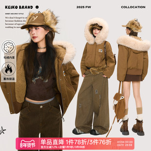 KEIKO [毛绒内里]美式乡村风短款连帽棉服冬季宽松休闲派克服外套