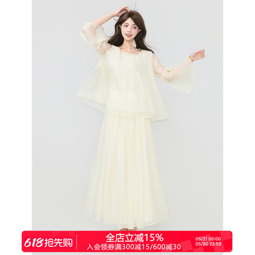 KEIKO[肌理纱]通透轻纱衬衫套装