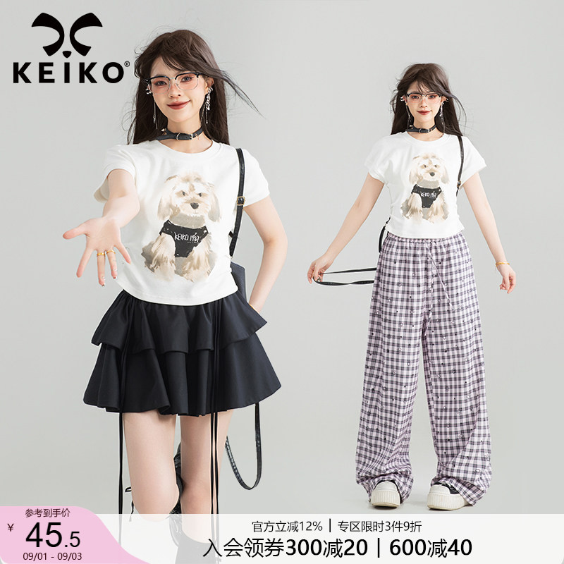 KEIKO可爱小狗印花白色短袖T恤图片