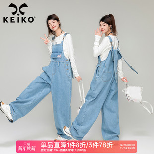 减龄显瘦宽松直筒阔腿拖地连体长裤 女春季 兔耳饰牛仔背带裤 KEIKO
