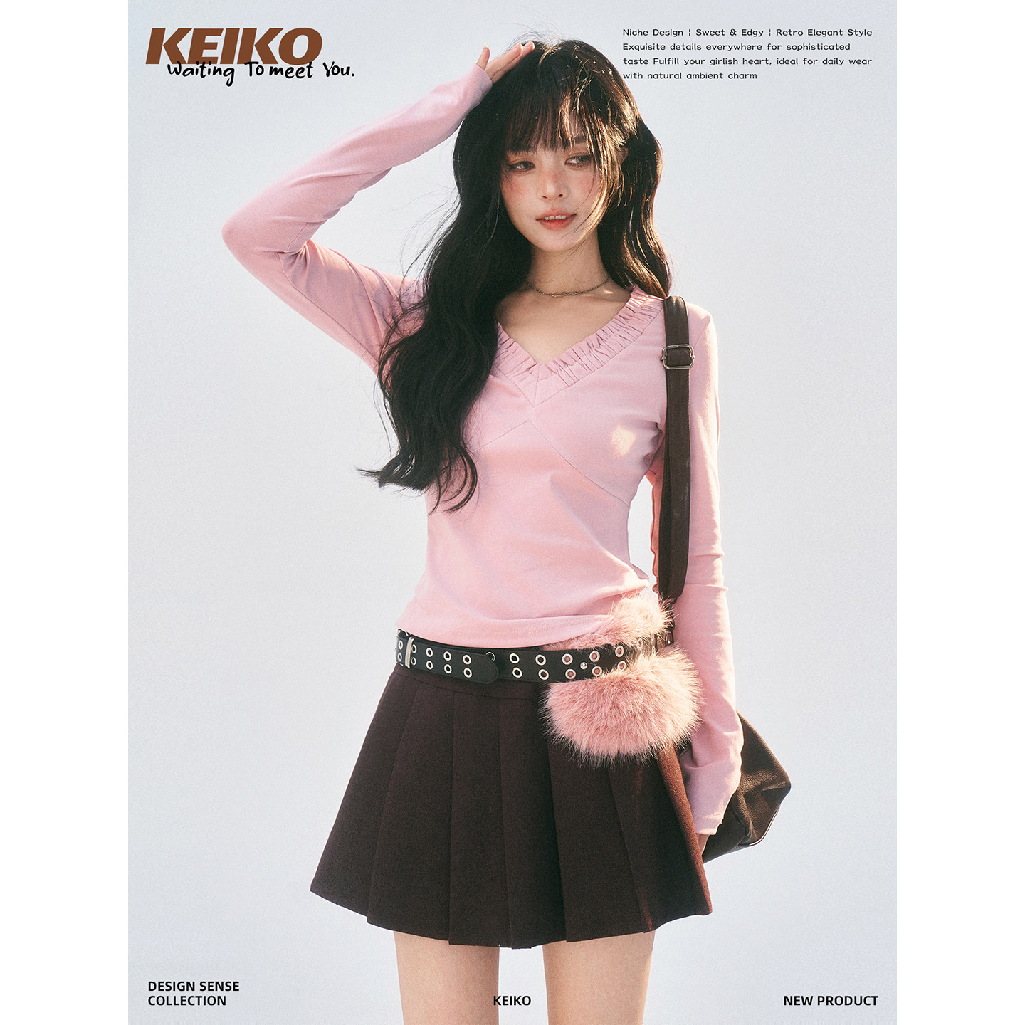 KEIKO柔甜粉色木耳边v领打底衫