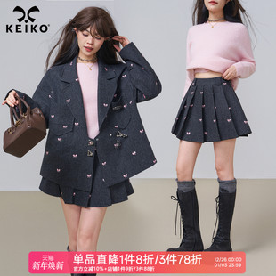 KEIKO 人字纹羊毛呢百褶半身裙25秋冬学院风显瘦a字短裙子 刺绣