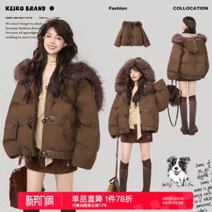 深冬复古加厚连帽棉袄 牛角扣棉服外套女冬季 KEIKO 可卸大毛领短款