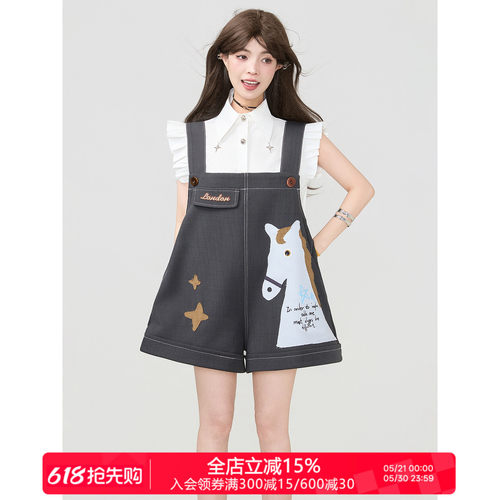 KEIKO设计感白马图案背带短裤