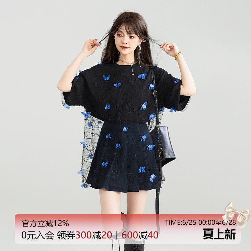 KEIKO 仙灵蝴蝶花薄纱拼接T恤女酷感慵懒宽松显瘦黑色短袖上衣