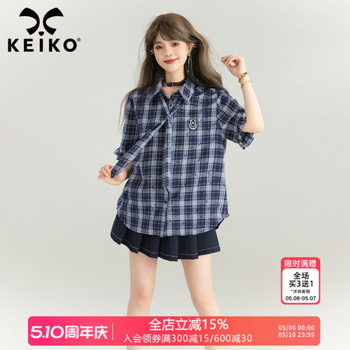 KEIKO美式学院藏蓝格纹短袖衬衫