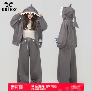 复古廓形宽松拉链卫衣 美式 KEIKO 搞怪小鲨鱼连帽加绒外套女26春季