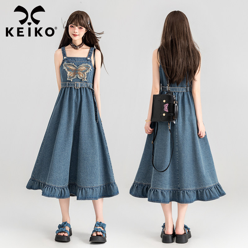 KEIKO 甜盐系蝴蝶刺绣牛仔裙夏美式复古系带收腰吊带连衣裙背带裙图片