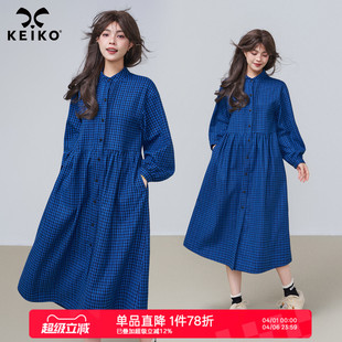 复古灯笼袖 宽松显瘦大摆长裙 文艺感蓝色磨毛格纹连衣裙春季 KEIKO