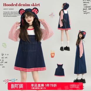 复古撞色显瘦连衣裙 减龄俏皮风牛仔连帽背带裙春季 KEIKO 可卸帽