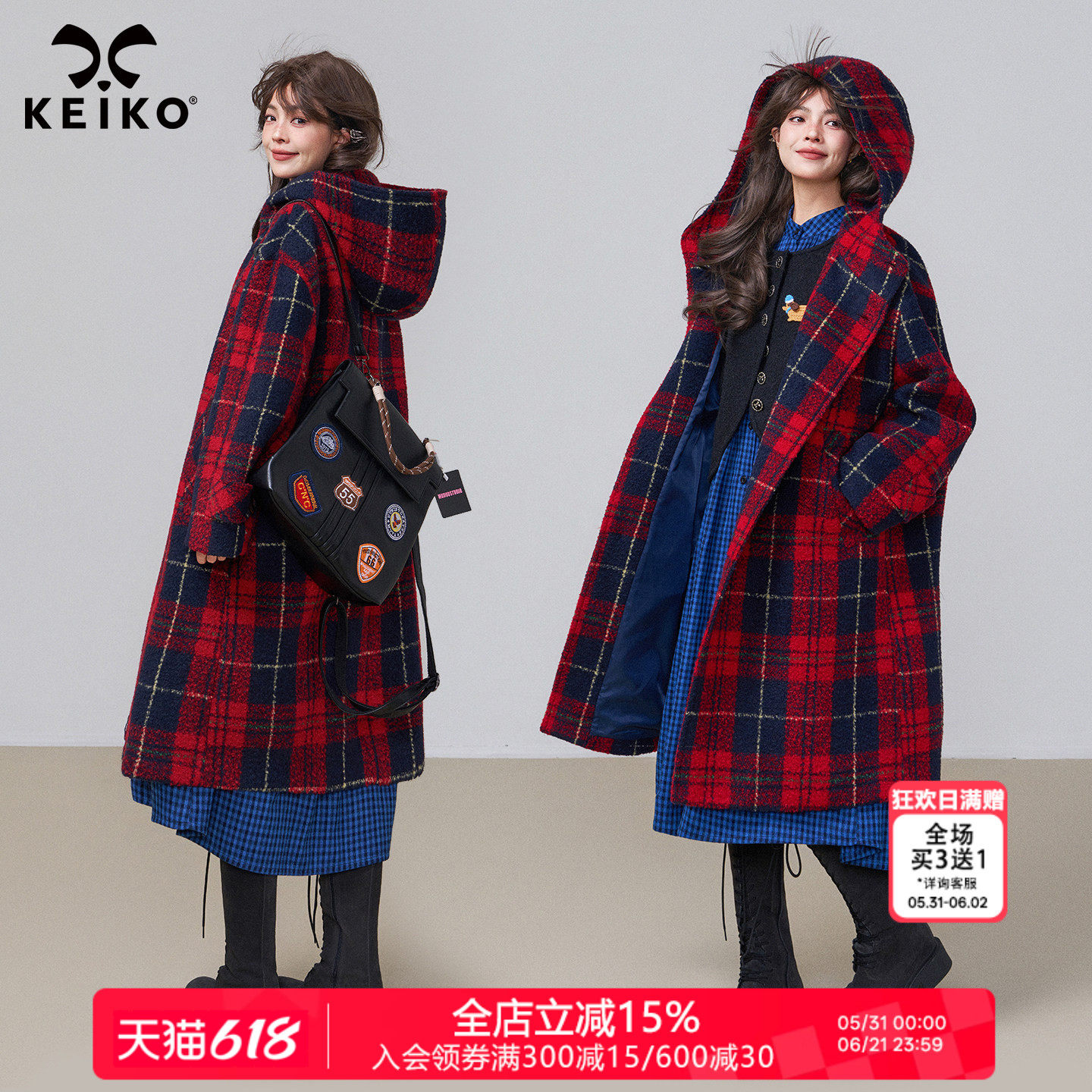 KEIKO 复古红色格子毛呢大衣女25秋冬英伦风斗篷形连帽圈圈呢外套