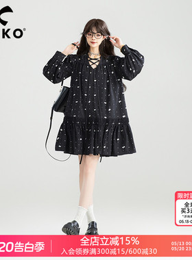 KEIKO 小碎花系带V领黑色连衣裙26春季气质打揽显瘦泡泡袖A字裙
