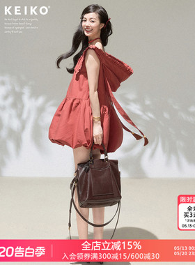 KEIKO 番茄红色可卸连帽无袖连衣裙夏季软复古少女风蓬蓬花苞短裙