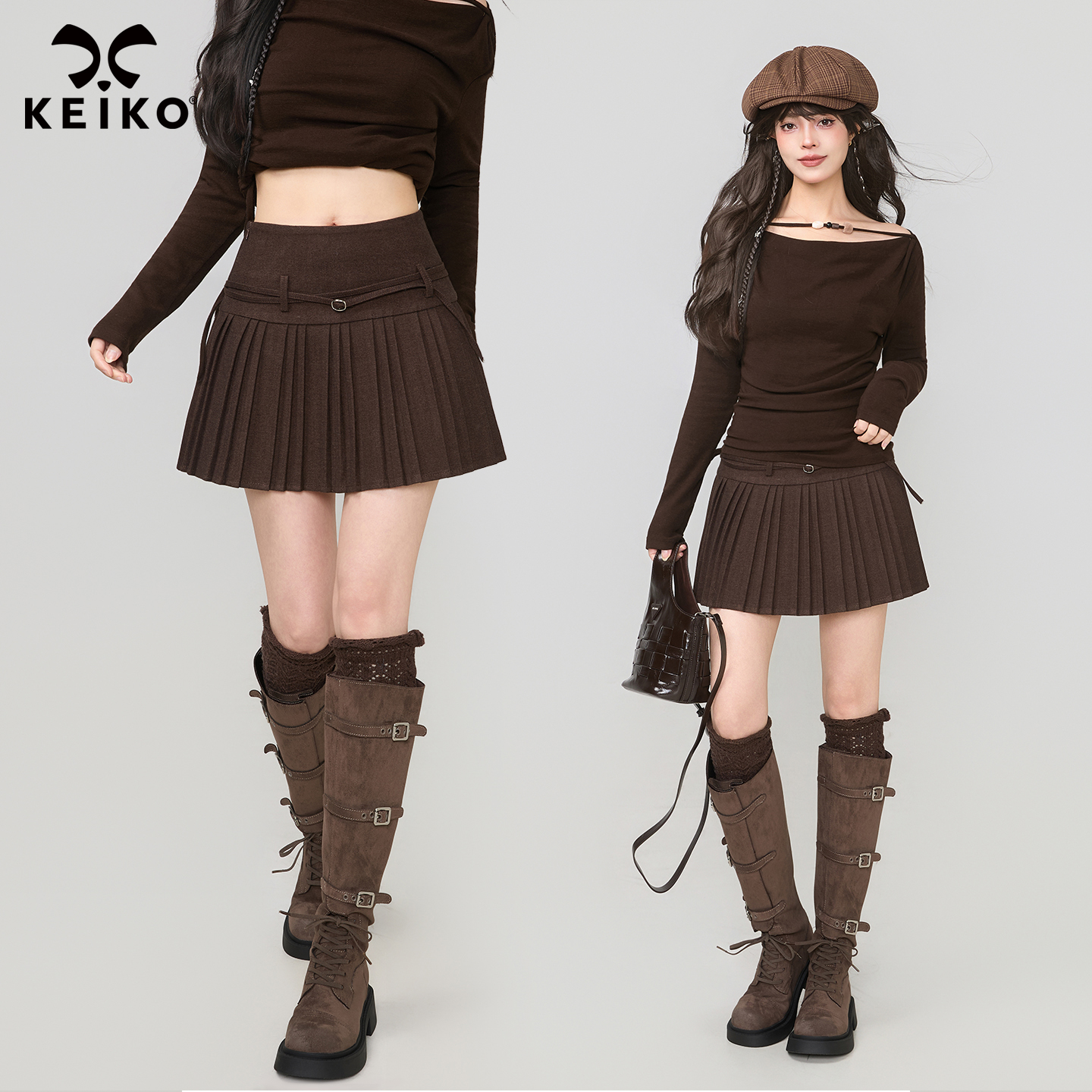 KEIKO 风琴细褶咖色百褶裙秋冬高智感甜妹穿搭高腰系带a字半身裙