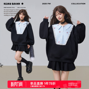 KEIKO法式 miu系蕾丝花边假两件黑色上衣 温柔感拼色娃娃领卫衣春季