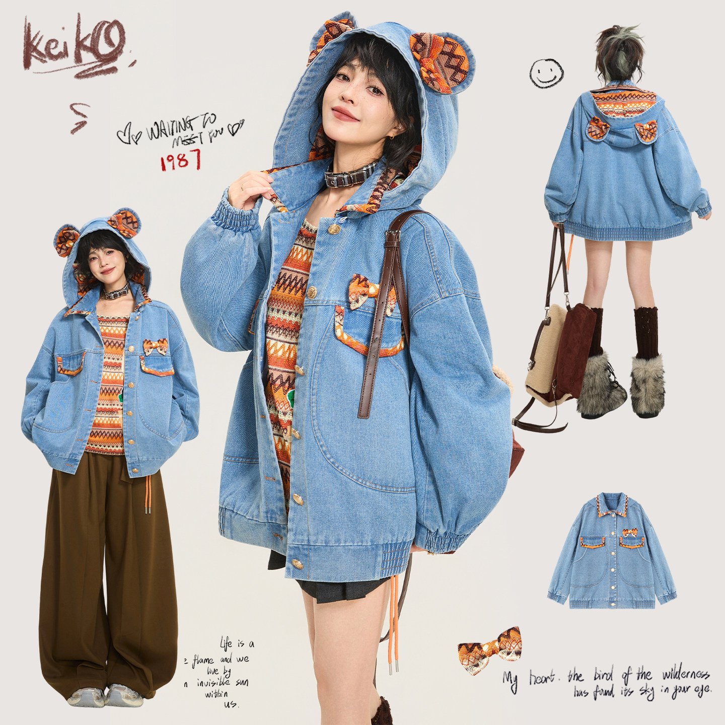 KEIKO慵懒廓形拼接连帽牛仔外套