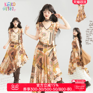 KEIKO 南法独特小众不规则V领长裙 波西米亚度假风雪纺连衣裙夏季