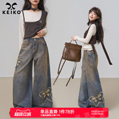 美式 甜辣高腰宽松直筒长裤 蝴蝶刺绣水洗阔腿牛仔裤 新款 春季 KEIKO