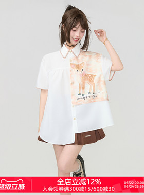 KEIKO 不对称梅花鹿印花短袖衬衫女夏季设计感小众白色宽松上衣