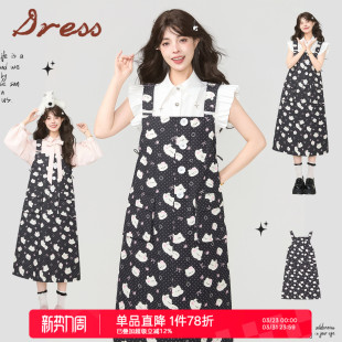 KEIKO 吊带裙 甜系小猫满印背带连衣裙春夏复古宽松减龄显瘦中长款