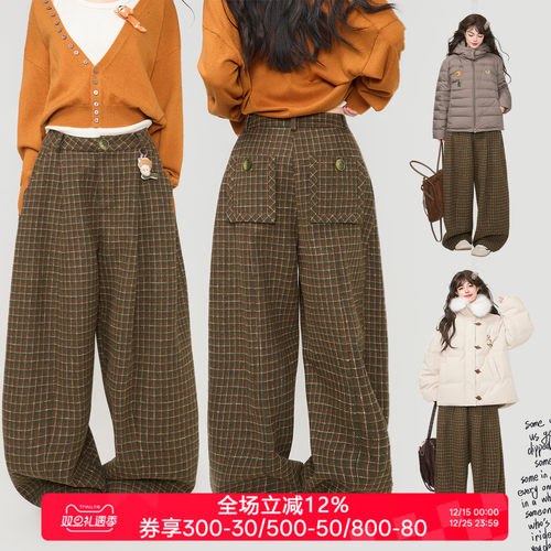 KEIKO美式复古羊毛混纺格子裤