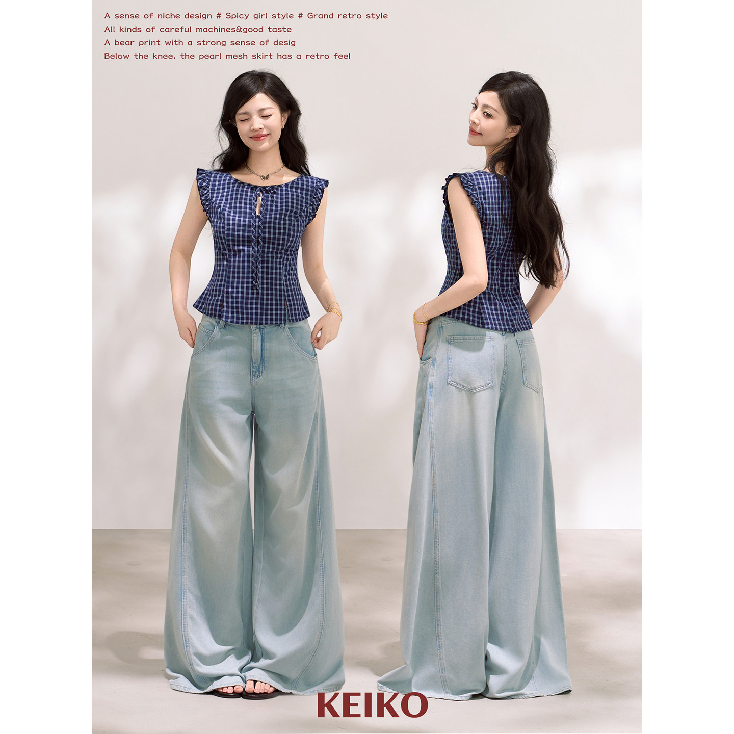 KEIKO韩系复古格子小飞袖衬衫图片