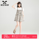 鬼马少女风编织背带牛仔裤 复古美式 KEIKO 夏季 子 宽松薄款 阔腿短裤