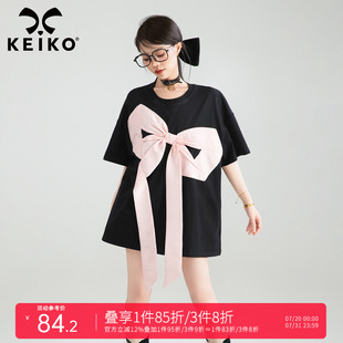 T恤女25夏季 甜系黑色短袖 少女感宽松减龄t恤裙 蝴蝶结girl KEIKO